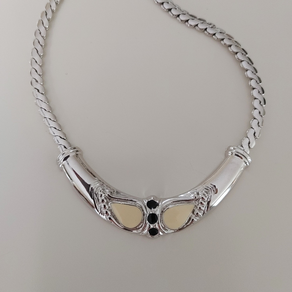 Vintage 1980's Ivory And Black Enamel Choker Style Necklace